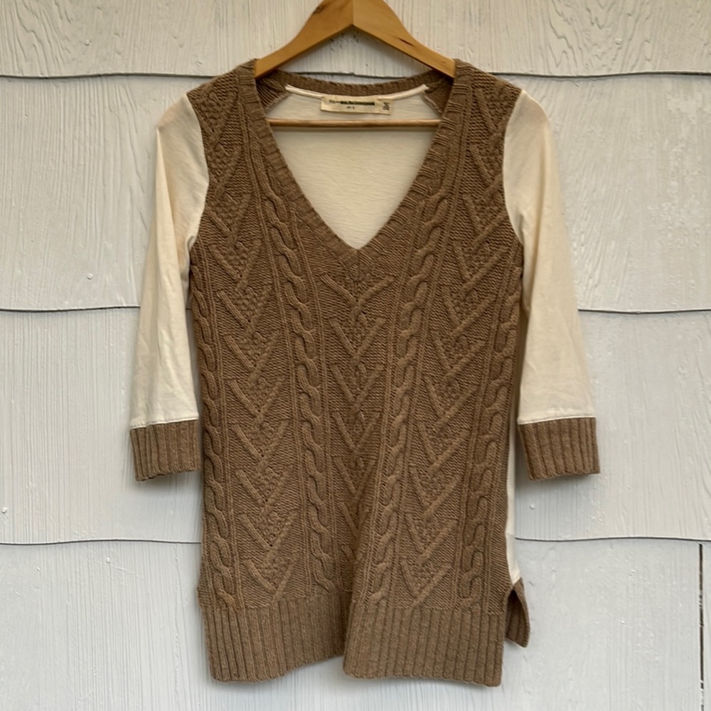 Pilcro Tan & Cream Mixed Media Cable Knit Vee Neck Sweater - Size Small S